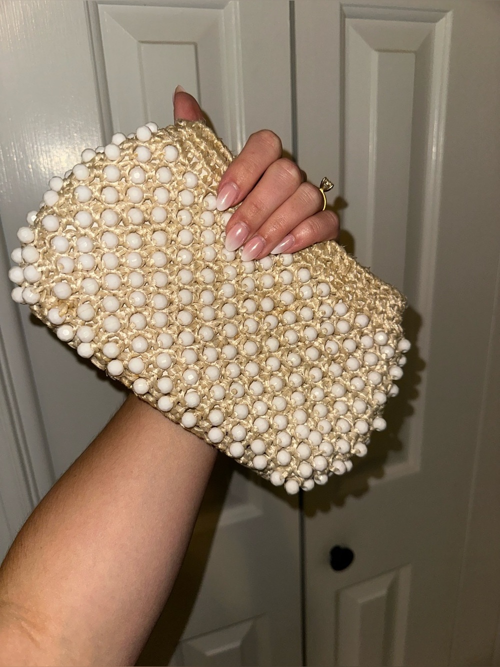 Vintage Cream Woven Beaded Raffia Wristlet Clutch